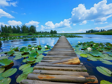 A tranquil lake scene with a wooden walkway, water lilies, and a bright blue sky.の写真素材