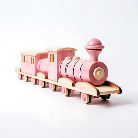 A charming pink wooden toy train perfect for children's play. It features a locomotive and two carriages.の写真素材