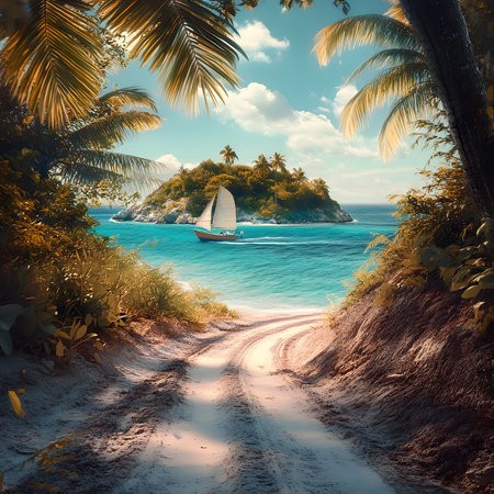 A sandy path leads to a secluded beach with a sailboat and tropical island.の写真素材
