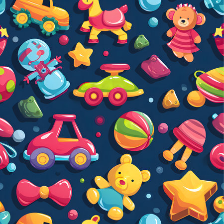 A vibrant and playful seamless pattern showcasing an array of charming children's toys. Perfect for kids' products, textiles, and more!の写真素材