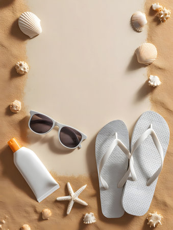 Seashells, sunglasses, flip-flops, and sunscreen on the sand. Summer vibesの写真素材