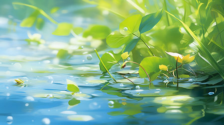 Peaceful digital illustration of a pond with vibrant green plants and clear blue water. Bubbles and sunlight add to the serene atmosphere.の写真素材
