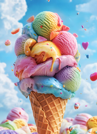 A vibrant image of a rainbow ice cream sundae overflowing with scoops and sprinkles against a cheerful blue sky.の写真素材