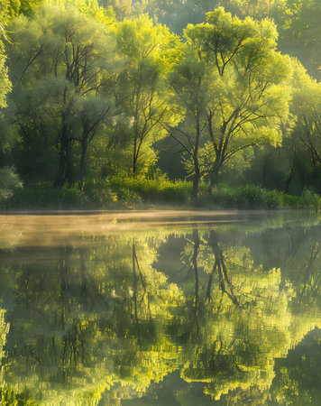 Misty morning on a serene lake, reflecting lush green trees. Peaceful atmosphere.の写真素材