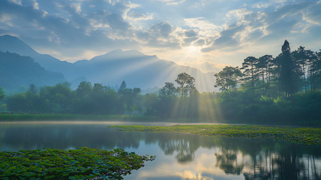 Misty sunrise over a tranquil lake with mountain reflections. Peaceful, serene scene.の写真素材