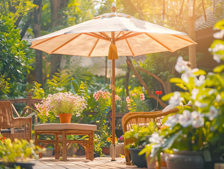 Peaceful garden patio with a sunlit umbrella, wicker furniture, and vibrant flowers.の写真素材