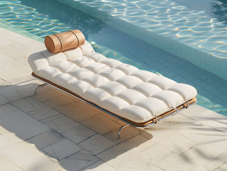 White chaise lounge by a pristine pool. Summer vibes and ultimate relaxation.の写真素材