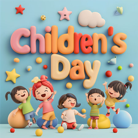 Adorable 3D cartoon kids celebrating Children's Day. Bright and cheerful illustration.の写真素材
