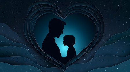 Silhouette of a father and child within a heart, symbolizing paternal love and family bond.の写真素材