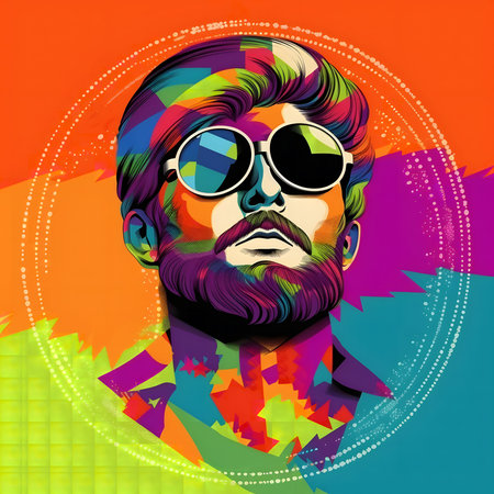 A colorful and stylish portrait of a man wearing sunglasses. The image is vibrant and graphic in style.の写真素材