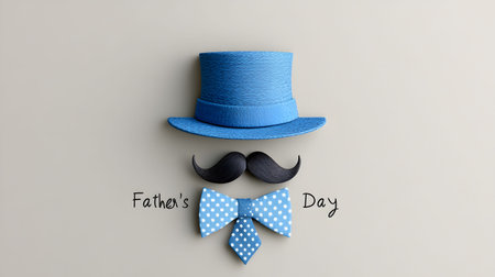 Happy Father's Day! This image features a blue top hat, a black mustache, and a polka dot bow tie.の写真素材