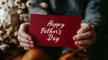 Close-up of hands holding a red Father's Day card. A heartfelt message of love and appreciation.の写真素材