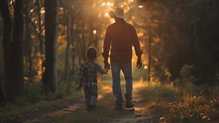 A father and his young son walk hand-in-hand down a path in the woods as the sun sets. A beautiful scene representing family, love and a peaceful moment.の写真素材