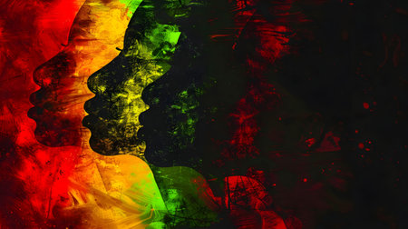 Three female profiles painted in rich red, yellow, and green hues. An abstract and powerful piece.の写真素材
