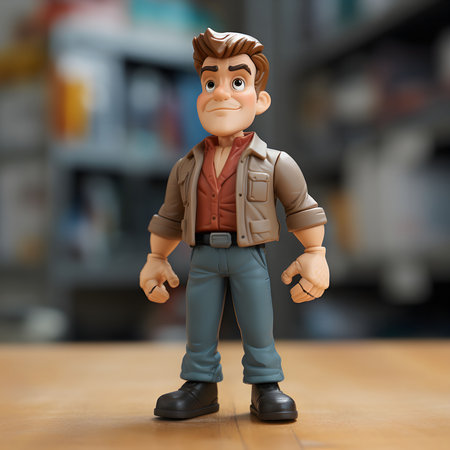 Close-up of a collectible figurine, a male figure wearing a brown jacket and blue pants. Looks happy.の写真素材