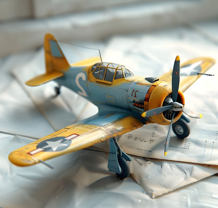 Close-up view of a meticulously crafted vintage airplane model. The model showcases incredible detail.の写真素材