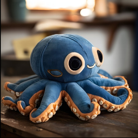 Close-up of a cute blue plush octopus toy. It's soft and cuddly.の写真素材