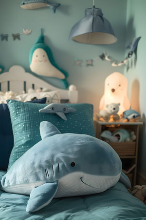 A large, cuddly plush shark rests on a bed in a child's bedroom, surrounded by other ocean-themed toys and decor.の写真素材