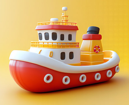 A charming cartoon tugboat, red and yellow, against a bright yellow backdrop. Perfect for kids' projects or playful designs.の写真素材