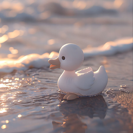 A cute white duckling sits serenely on a beach at sunset, enjoying the calm waves.の写真素材