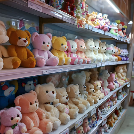 A delightful collection of teddy bears displayed on shelves in a toy store. Various colors and sizes.の写真素材