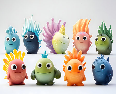 A delightful collection of small, colorful sea creatures. Each figurine has a unique design and personality.の写真素材