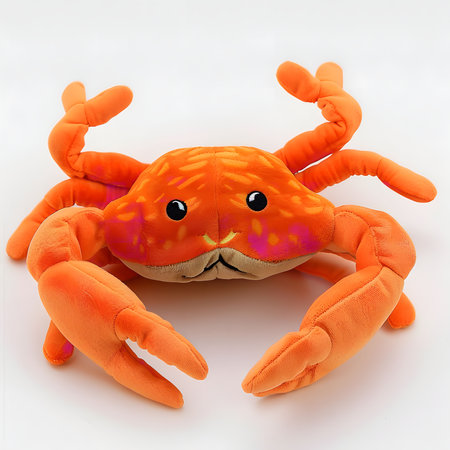 Close-up view of an orange plush crab toy. Soft, cuddly, and friendly.の写真素材