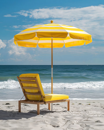 A yellow and white striped umbrella casts shade over a wooden lounger on a tranquil sandy beach. The ocean waves gently lap the shore.の写真素材