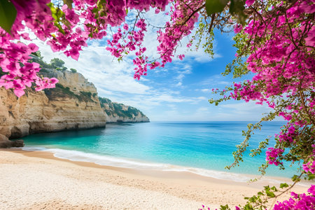 Stunning Algarve beach, pink flowers frame turquoise water. Summer paradise!の写真素材