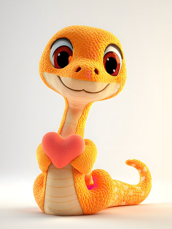 A 3D rendering of a cute orange snake holding a pink heart. This charming illustration conveys love and affection.の写真素材