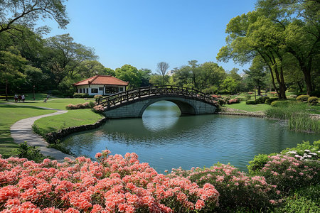 Peaceful Japanese garden scene with a wooden bridge over a pond, surrounded by lush greenery and blooming azaleas.の写真素材