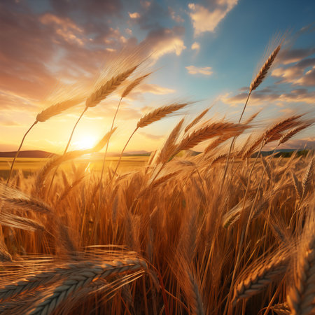 Stunning sunset over a golden wheat field. Peaceful rural scene.の写真素材