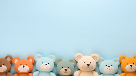 A row of colorful teddy bears arranged on a light blue backdrop. Perfect for baby showers or children's themes.の写真素材