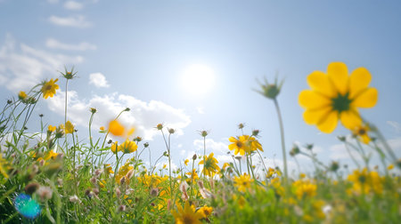 A vibrant field of yellow flowers basking in the warm sunlight.の写真素材
