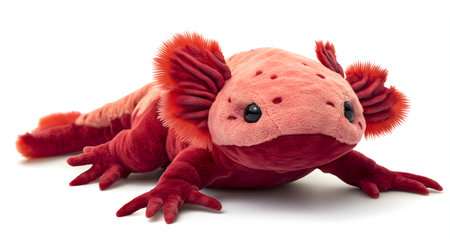 Close-up of a charming red axolotl plush toy. Soft, cuddly, and perfect for play.の写真素材