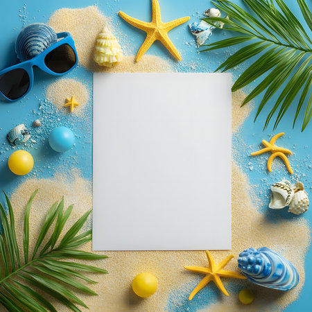 Blank paper surrounded by summer objects like seashells, starfish, and palm leaves. Perfect for summer vacation themes.の写真素材