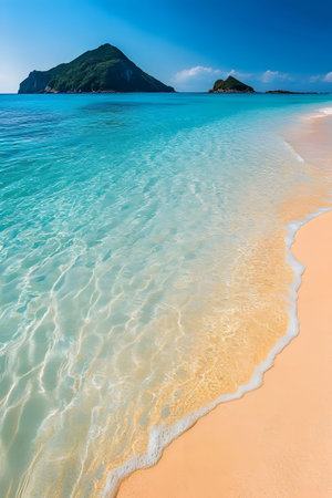 A picturesque beach scene with clear turquoise water lapping gently onto a sandy shore. Islands in the background add beautyの写真素材