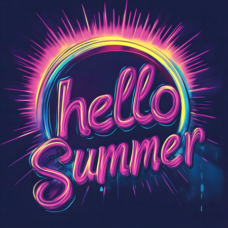 A vibrant neon illustration saying 'Hello Summer' with a sunburst effect. Perfect for summer greetings!の写真素材