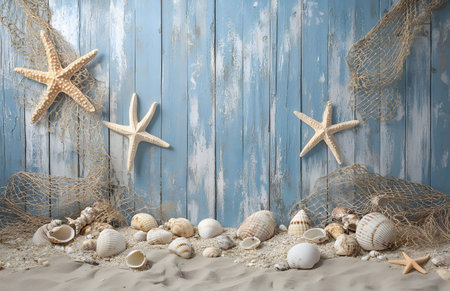 A collection of seashells and starfish arranged on a sandy surface in front of a weathered blue wooden wall. Fishing net adds nautical feel.の写真素材
