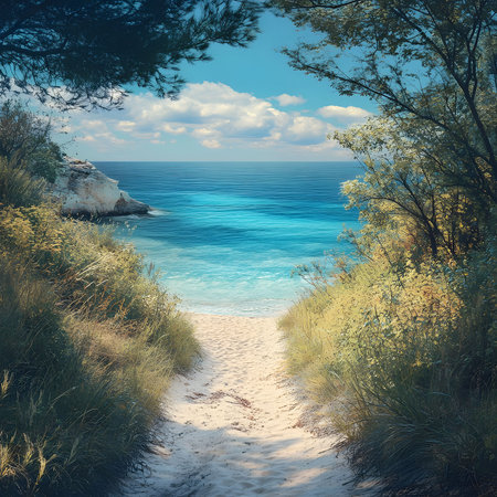 A tranquil path leads to a pristine beach with crystal-clear turquoise water. Perfect summer escape.の写真素材
