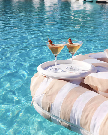 Two refreshing cocktails float on a striped pool float. Perfect summer escape.の写真素材