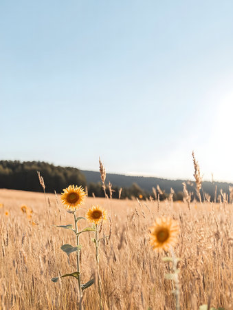Sunflowers stand tall in a golden wheat field as the sun sets, creating a beautiful and peaceful scene.の写真素材
