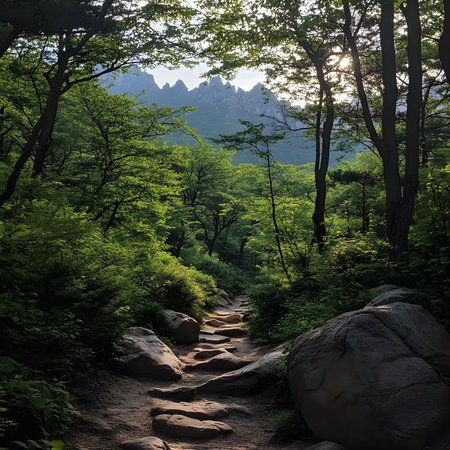 A tranquil hiking trail winds through a lush forest, leading towards majestic mountains. Sunlight filters through the trees, creating a serene atmosphere.の写真素材