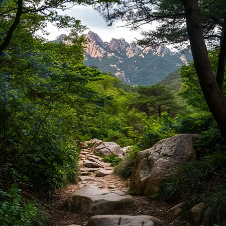 A picturesque trail winds through a verdant forest, leading towards majestic mountains.の写真素材