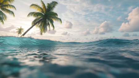 Stunning image of palm trees partially submerged in a vibrant turquoise ocean. Peaceful waves and a beautiful sky.の写真素材