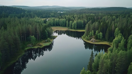 Aerial view of a serene lake reflecting the surrounding lush forest. Peaceful nature scene.の写真素材