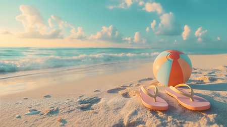 Peaceful beach scene with flip-flops and a beach ball at sunrise. Summer vacation vibesの写真素材
