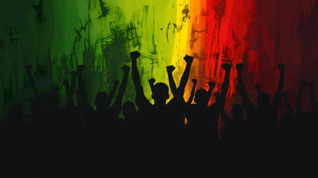 Silhouettes of a jubilant crowd, arms raised in celebration against a vibrant, textured background.の写真素材