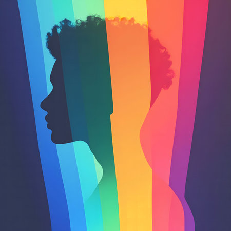 A vibrant rainbow-colored silhouette of a person's profile, symbolizing diversity and pride.の写真素材