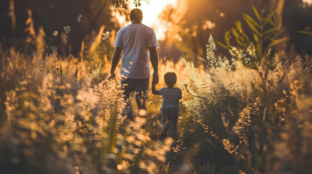 A heartwarming image of a father and son walking hand-in-hand at sunset through a field of tall grass.の写真素材